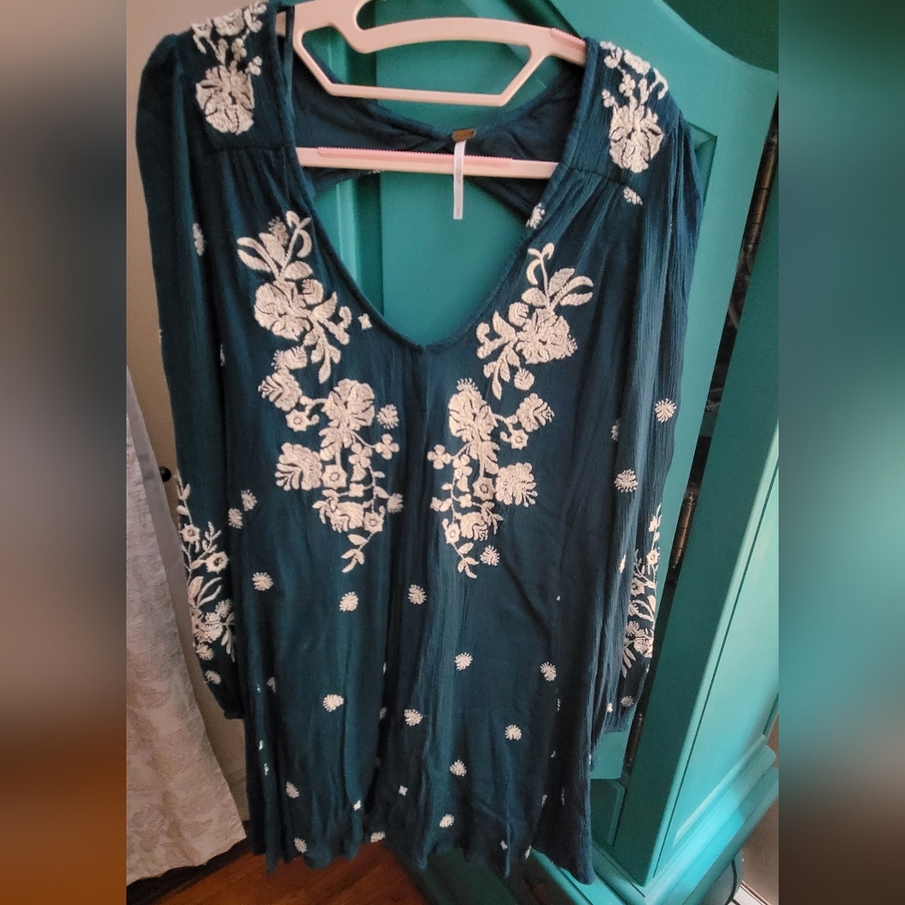 Free People Teal Mini Dress with White Floral Embroidery